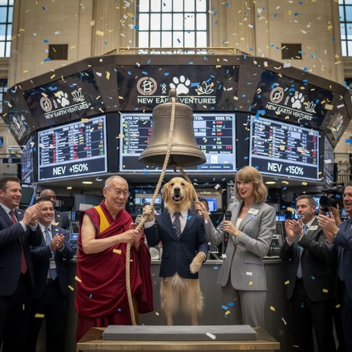 A golden retriever, the Dalai Lama, and Taylor Swift ring the bell at the New York stock exchange for their new company NanoBanana Show