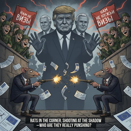 Two rat-like men in suits, cornered and shooting at a shadow shaped like Trump and his allies. Around them, paper visas are flying, transforming into bullets. In the background, Europe is surrounded by Russian military forces, laughing and holding banners that read 'We don’t need visas.' At the bottom center, the text: 'Rats in the corner, shooting at the shadow—who are they really punishing