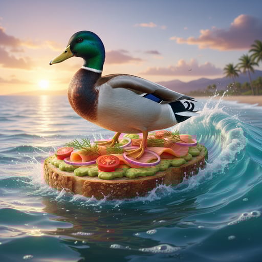 A mallard duck surfing on an open face bread sandwich