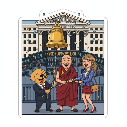 A golden retriever, the Dalai Lama, and Taylor Swift ring the bell at the New York stock exchange for their new company