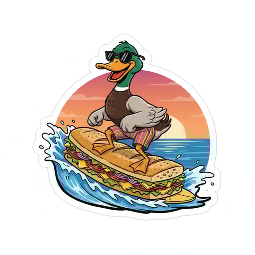 A mallard duck surfing on an open face bread sandwich 