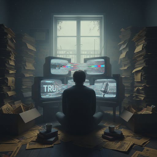 A conceptual photograph symbolizing the decline of public trust in the media. The scene shows a person sitting alone in a dimly lit room, surrounded by piles of old newspapers and several flickering TV screens. The screens display distorted static and blurred headlines, as if the truth itself is breaking apart. 