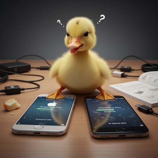 小鸭子面前有两部手机，正在试图从 iPhone 传到华为手机，非常困难，非常苦恼
