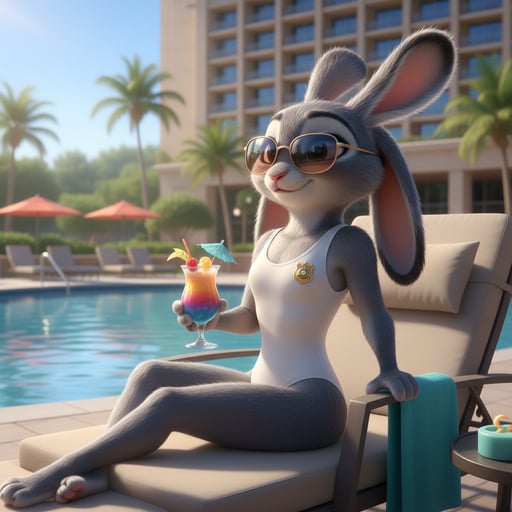 Officer Judy hopps sitting by a pool wearing a revealing form fitting white high cut one piece swimsuit