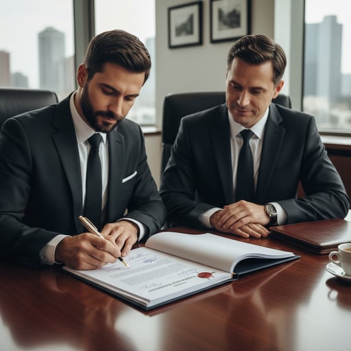 Create a realistic 9:16 (portrait) image showing the process of signing a business agreement.

Scene Details:

Two men, one of them with a beard of 30-40 years old, are sitting at a table, dressed in business uniforms.
On the table is a substantive agreement (a long document with signatures, seals, date) and a pen (black or gold).
One of the participants signs the document, the other looks at it 